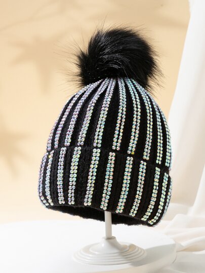 Womens Faux Fur Large Pom Pom Rhinestones Beanie