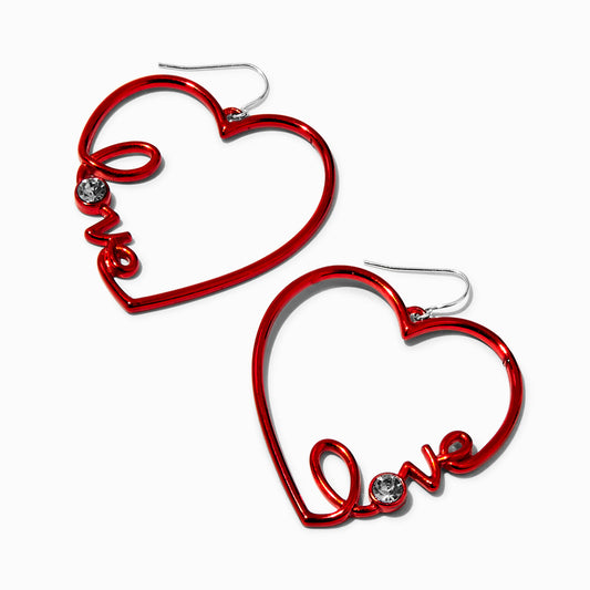 “Love” Script Red Open Heart 2” Drop Earrings