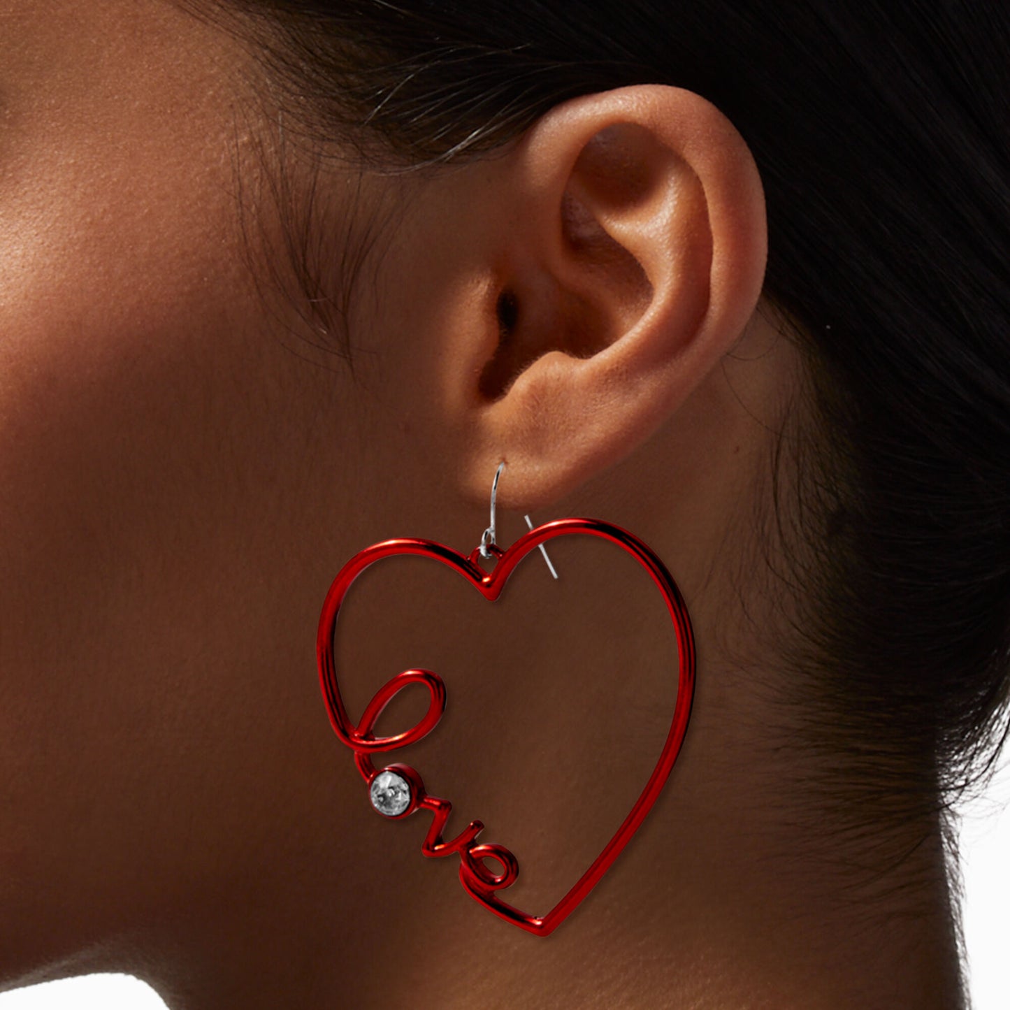 “Love” Script Red Open Heart 2” Drop Earrings