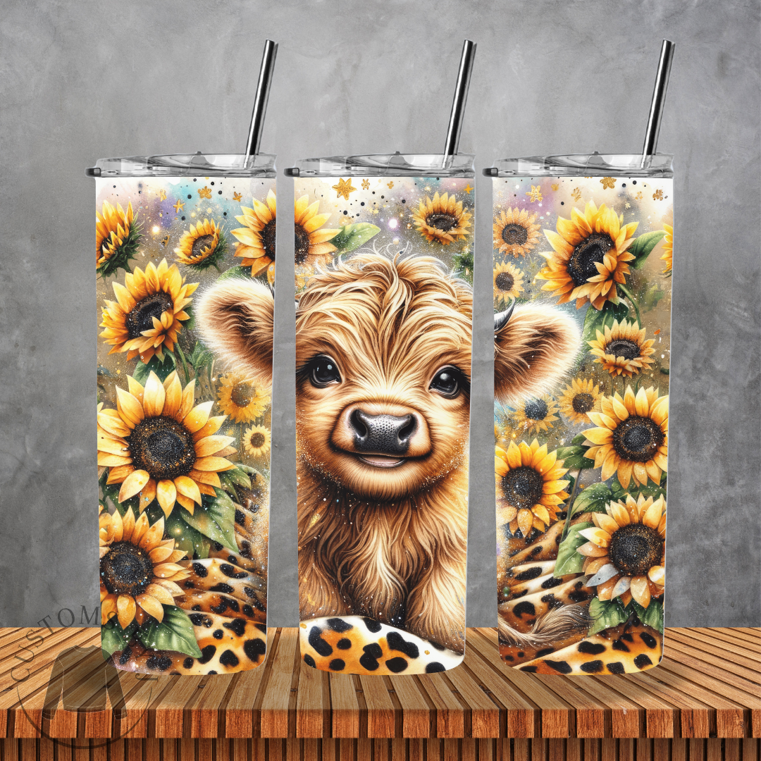 Highland Cow Cheetah Sunflower 20oz Stainless Steel Tumbler