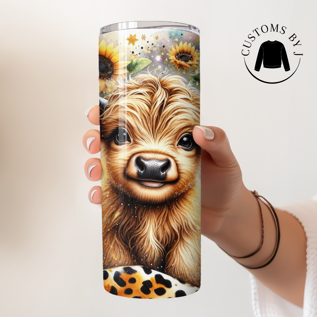 Highland Cow Cheetah Sunflower 20oz Stainless Steel Tumbler