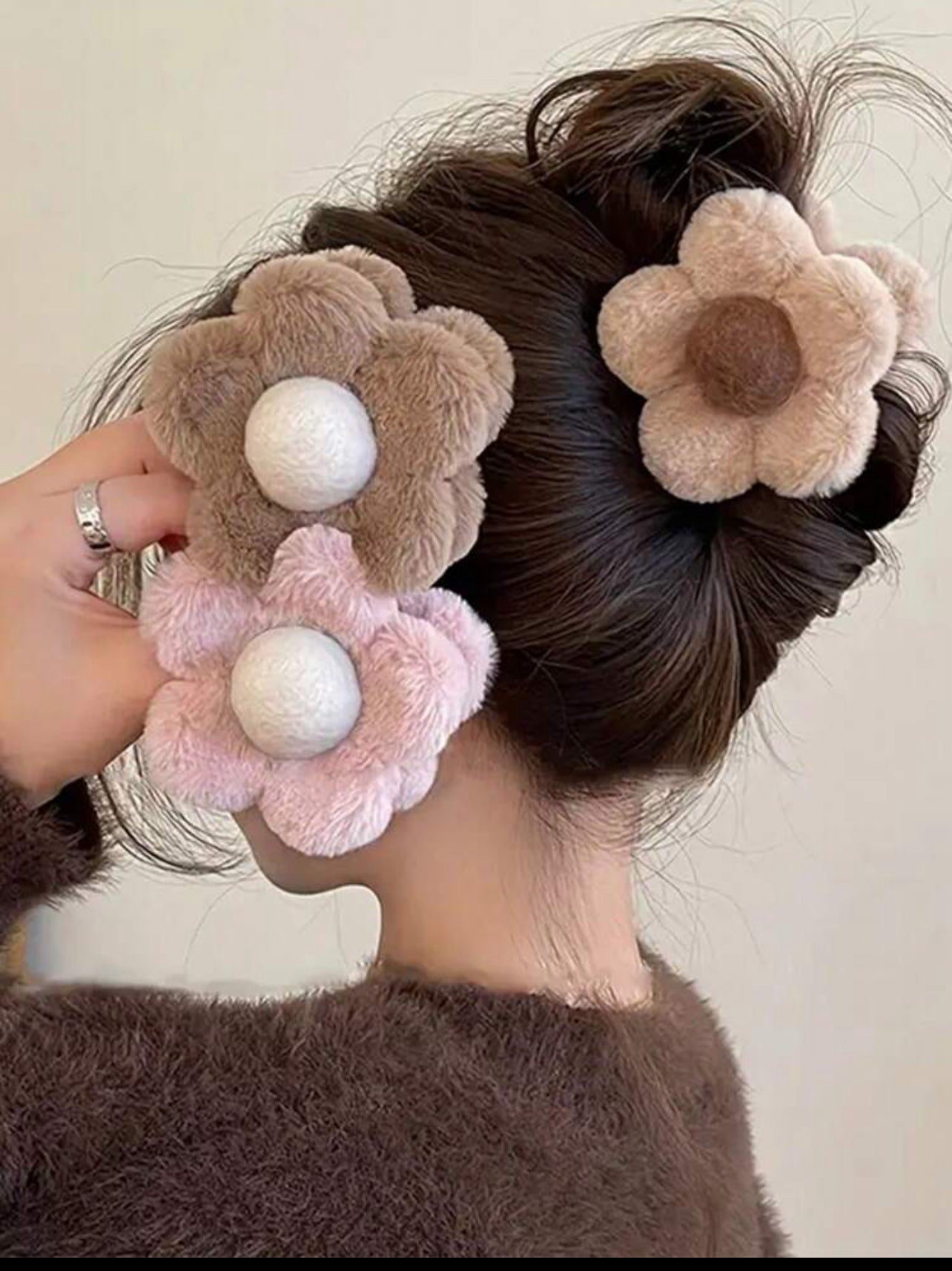 Plush Flower Power Hair Clip / Claw : Pink , Light Brown & Brown