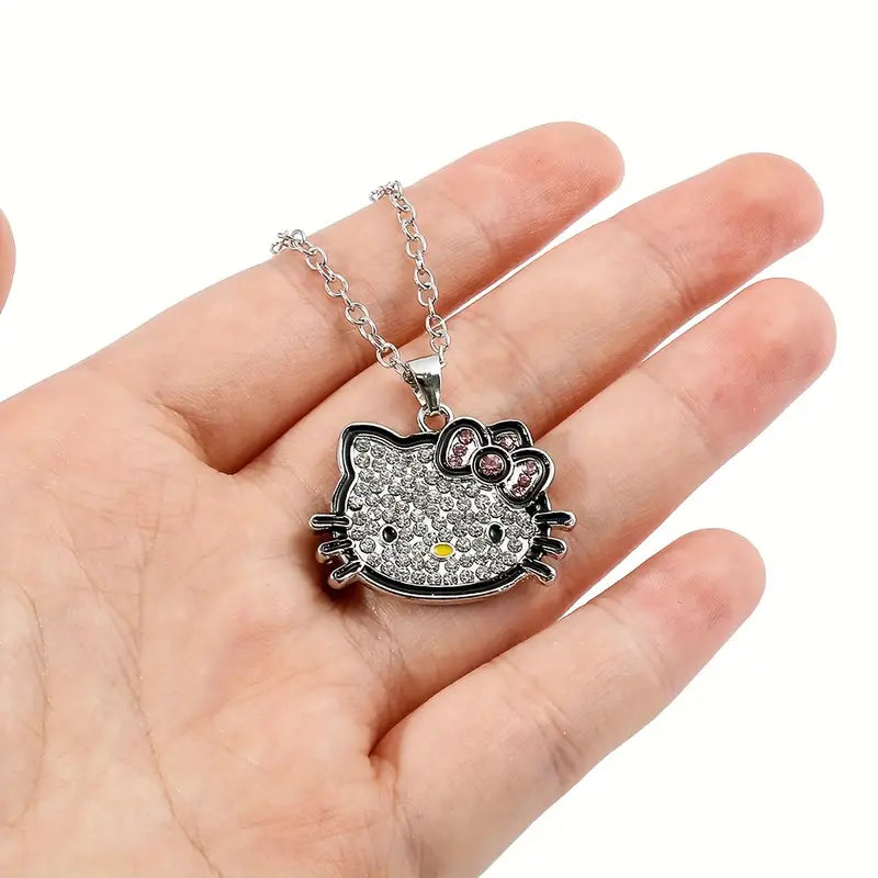 Aesthetic Y2K Kitty Bling Rhinestone Silver Necklace