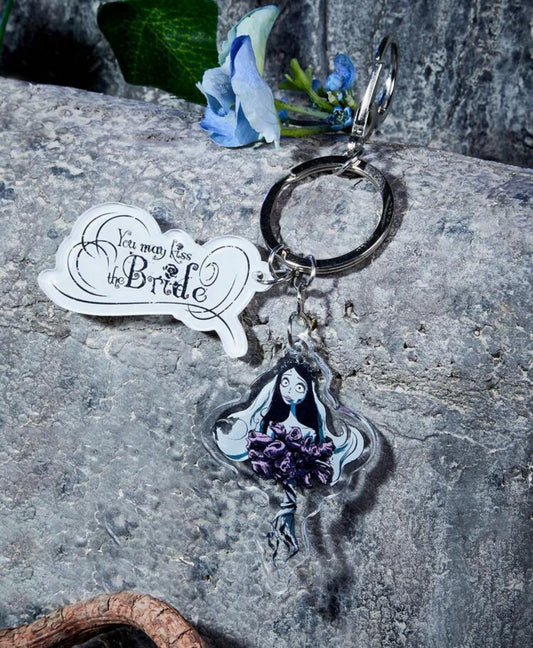 Emily the Corpse Bride Emily Black, White & Lilac Floral Acrylic 5.5” Keychain with “you may kiss the bride” quote