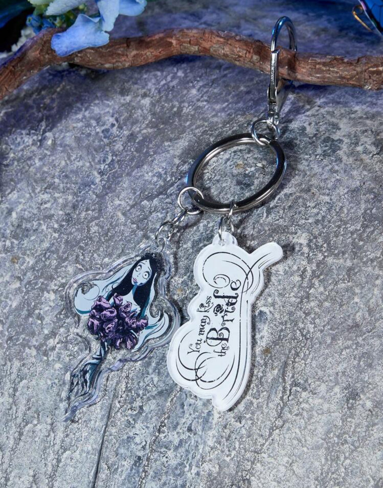 Emily the Corpse Bride Emily Black, White & Lilac Floral Acrylic 5.5” Keychain with “you may kiss the bride” quote