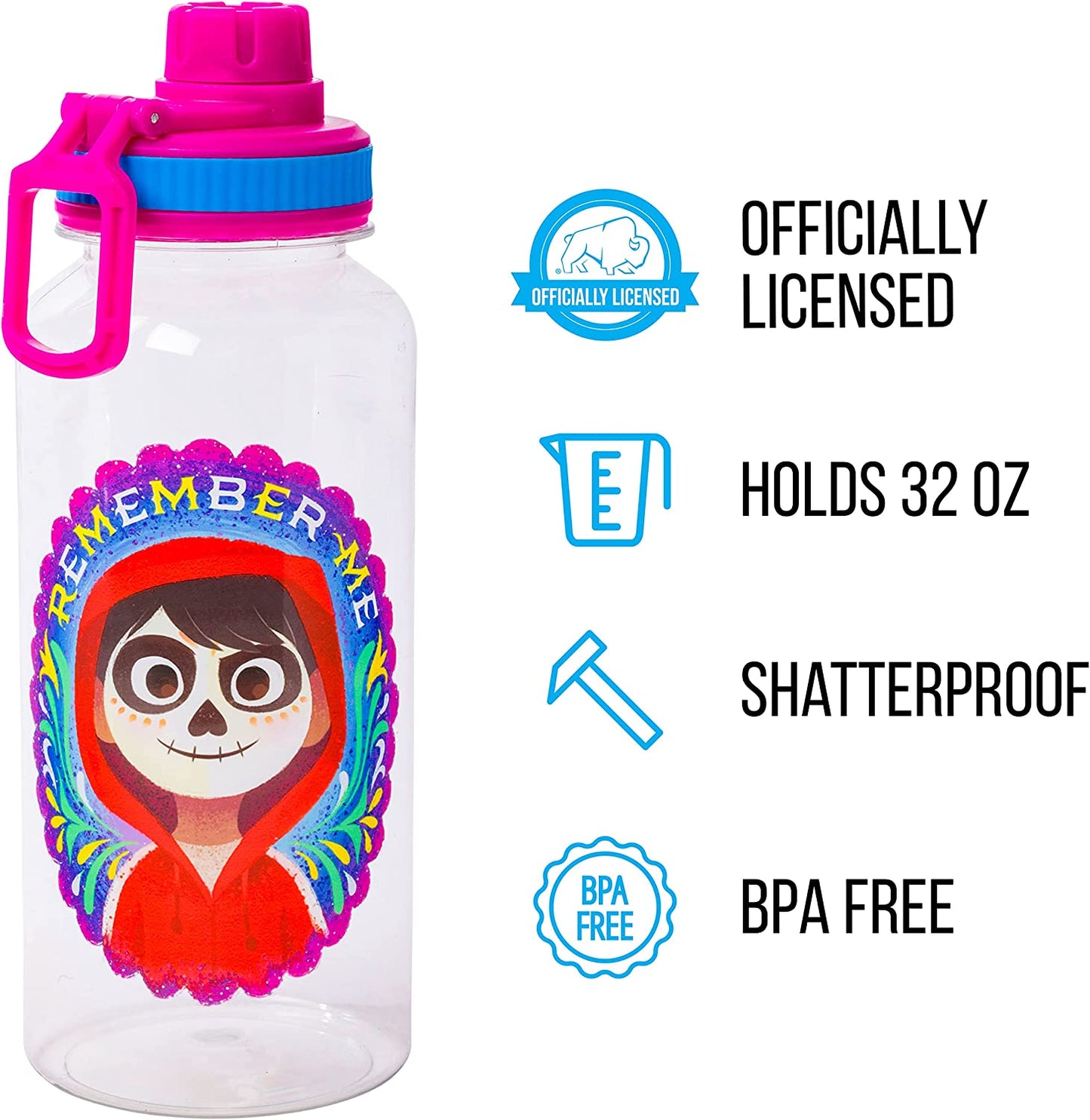 Silver Buffalo Coco Remember Me Twist Spout Plastic Water Bottle with Stickers