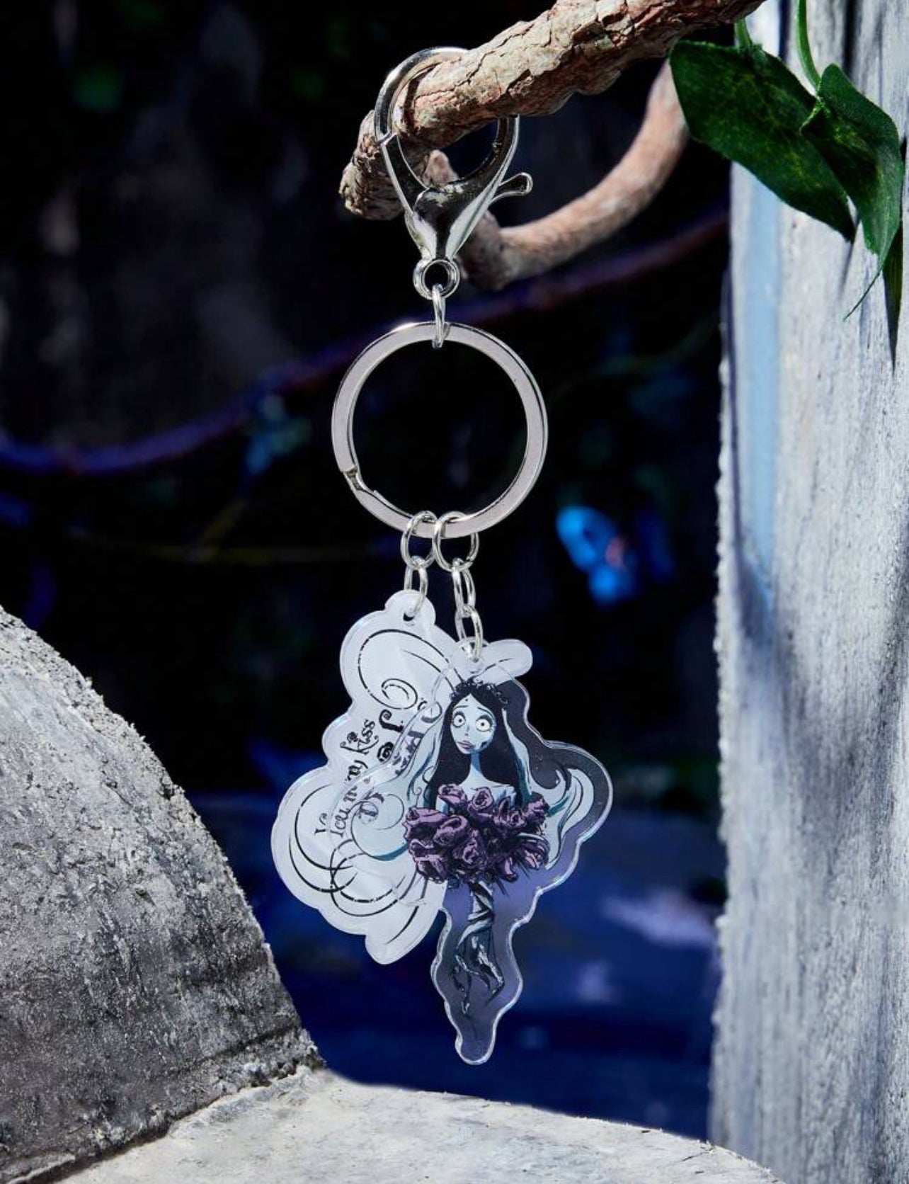 Emily the Corpse Bride Emily Black, White & Lilac Floral Acrylic 5.5” Keychain with “you may kiss the bride” quote