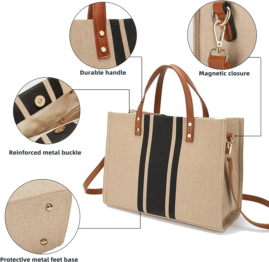 Minimalist Striped Natural Linen Crossbody Bag with Adjustable / Removable Shoulder Strap Handbag