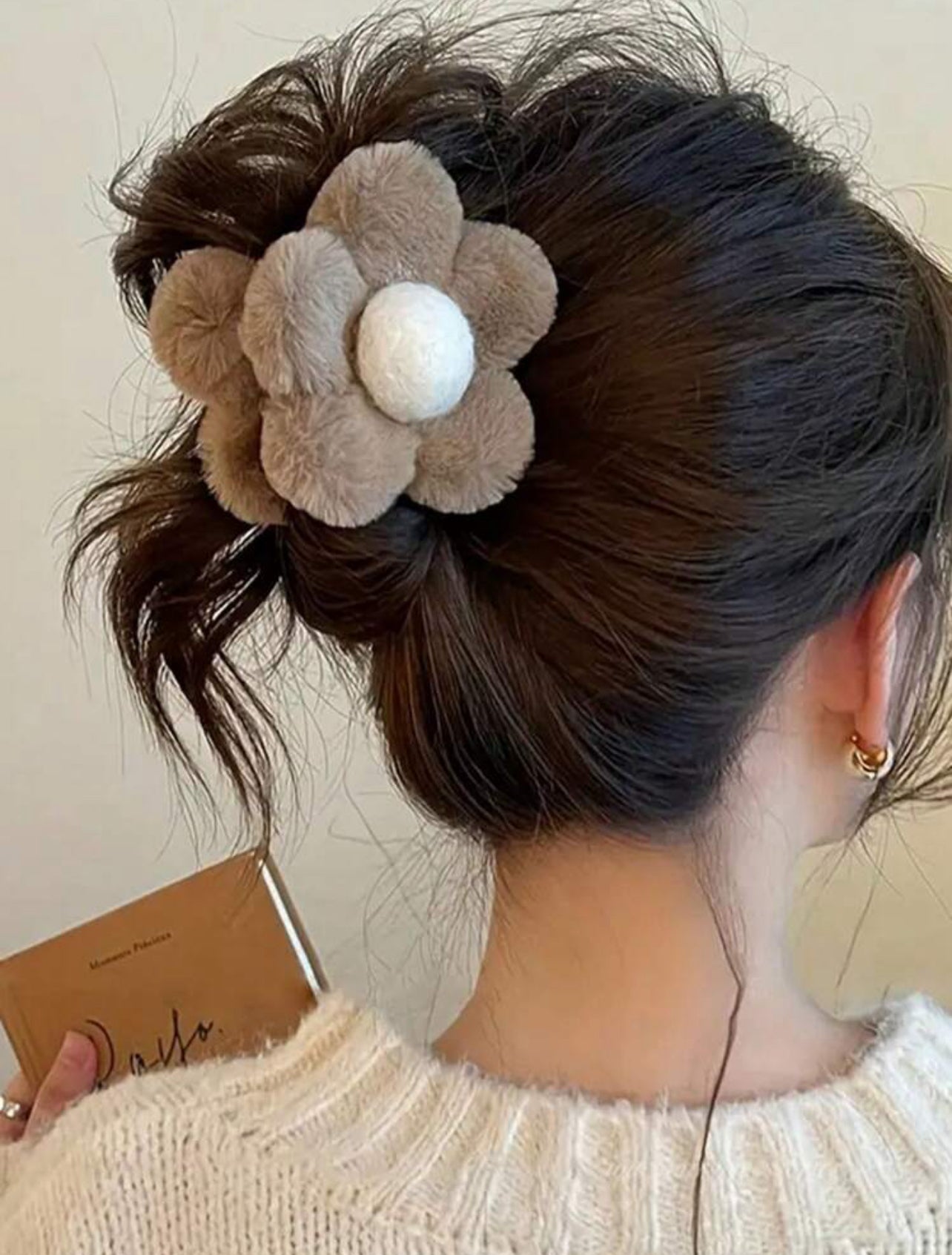 Plush Flower Power Hair Clip / Claw : Pink , Light Brown & Brown