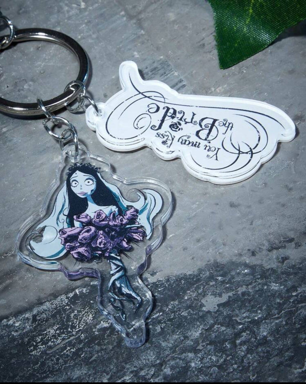 Emily the Corpse Bride Emily Black, White & Lilac Floral Acrylic 5.5” Keychain with “you may kiss the bride” quote