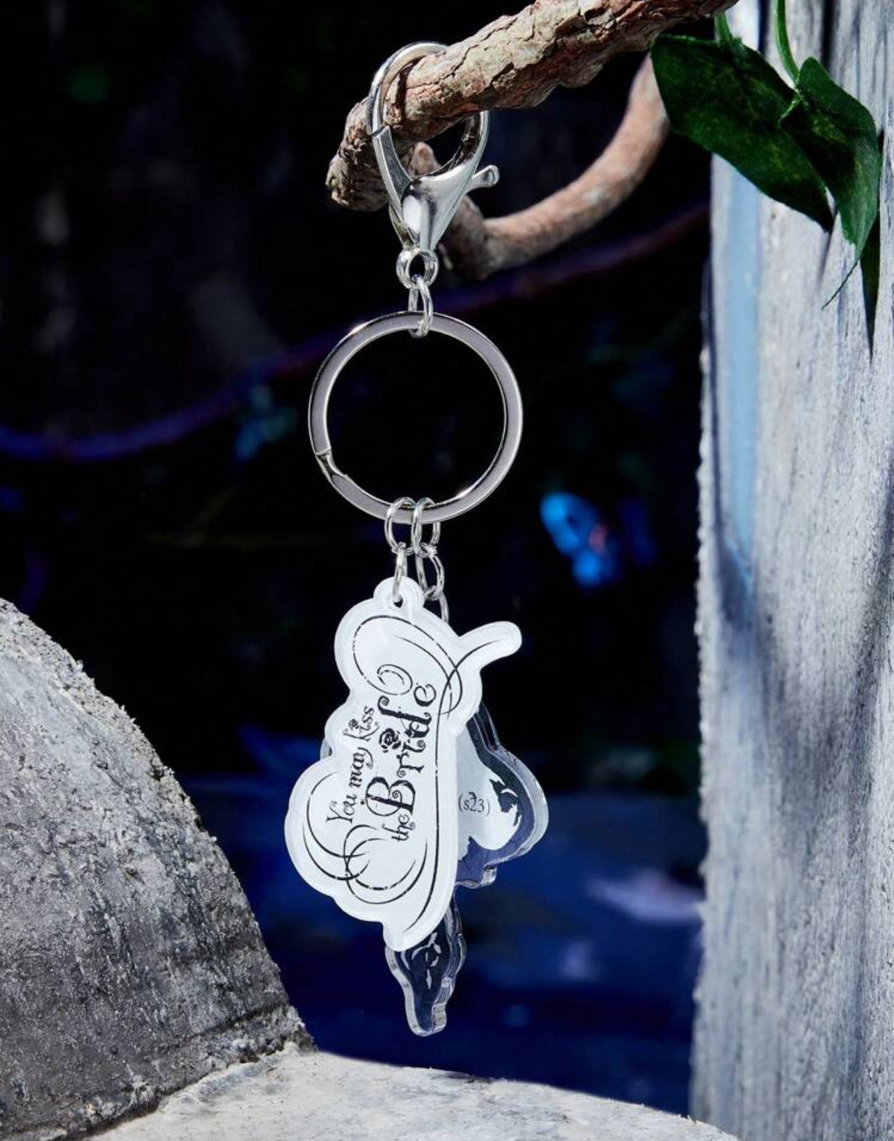 Emily the Corpse Bride Emily Black, White & Lilac Floral Acrylic 5.5” Keychain with “you may kiss the bride” quote