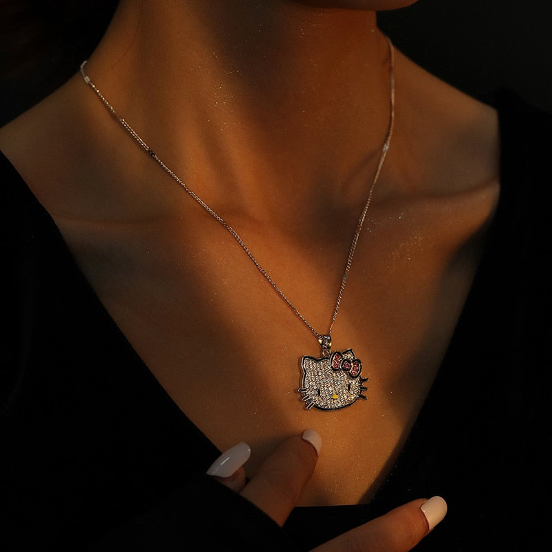 Aesthetic Y2K Kitty Bling Rhinestone Silver Necklace