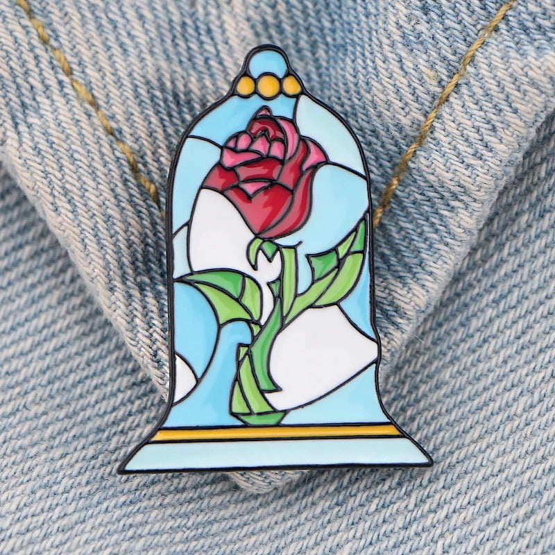 Beauty Beast Enamel Pin Stained Glass Red Rose Cover