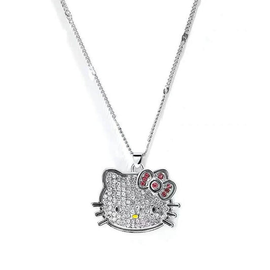 Aesthetic Y2K Kitty Bling Rhinestone Silver Necklace