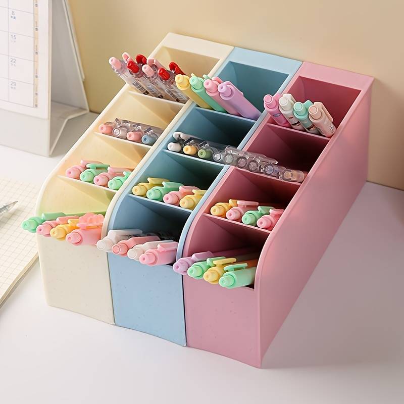 Blue Multi-Compartment Solid Color Desk Pen Holder