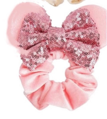 Velvet Pink Colorful Sequin Minnie Mouse Ear Scrunchie