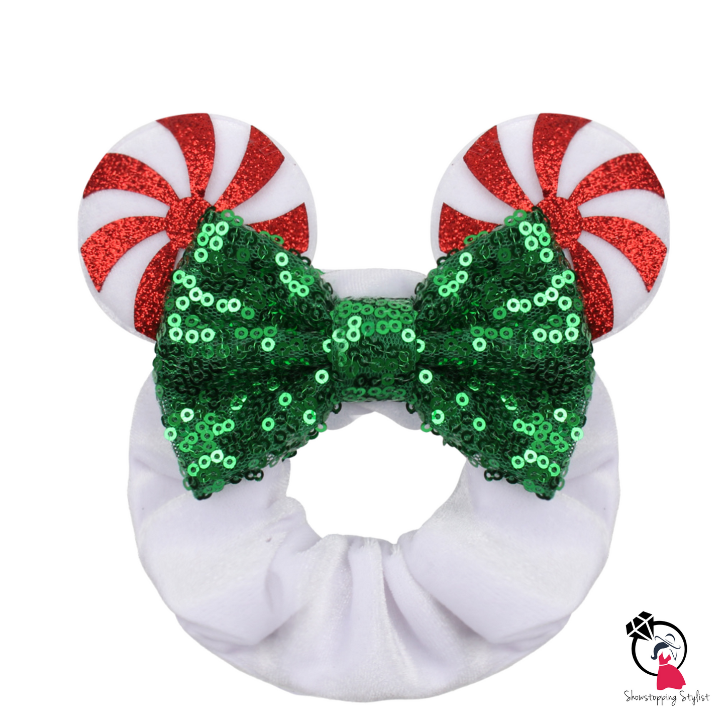 Velvet Peppermint Sequin Minnie Mouse Ear Scrunchie